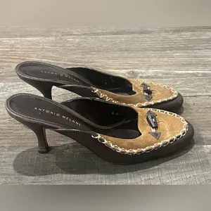 Antonio Melani Heels Kitten Suede & Leather Moccasin Style Brown thumbnail 4