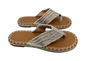 Frayed Canvas Thong Sandals Beige Tan Espadrille Whipstitch Flat‎ Slides Size 37 thumbnail 1
