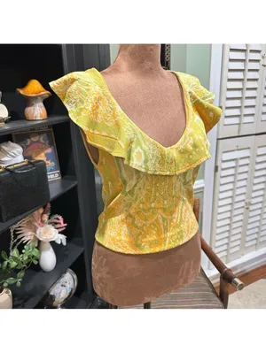 Zara Paisley Ruffle Blouse – Yellow & Green, Size Medium thumbnail 4