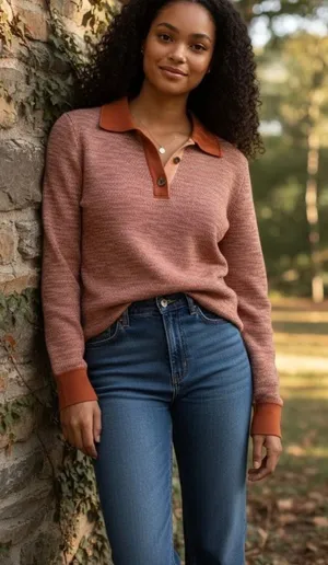 Free‎ People Making Memories Collared Sweater Women's Size L Orange Preppy thumbnail 1