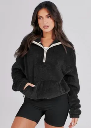 NEW Black Fleece Zip Up Hoodie Cropped Sweatshirt XL thumbnail 1