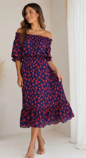 MISA Off Shoulder Midi Dress Blue Red Floral Boho Romantic Cottagecore Flowy‎ MD thumbnail 1