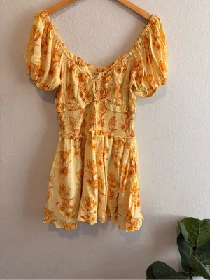 Sabo Skirt Milota Dress Size M Yellow Floral Puff Sleeves Mini Boho Summer thumbnail 9