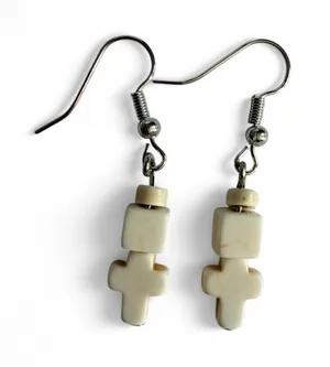 ⁠Handmade Cream Cross & Geometric Cube Bead Drop Earrings thumbnail 1