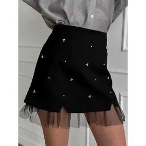 Commense Party Black Beaded Tulle Trim A Line Mini Skirt Built in Shorts NWT M thumbnail 7