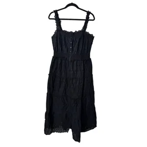 GAP x DOEN Midi Dress Black Cotton Eyelet Tiered Button Front Smocked Waist M thumbnail 3