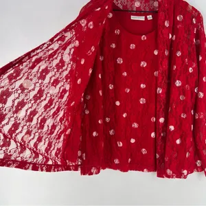 Susan Graver Red Lace White Polka Dot Scoop Neck Tank Sheer Open Cardigan‎ Set thumbnail 4