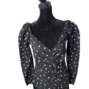 ASOS Polka Dot Ruched Mini Dress Sweetheart Neck Puff Sleeve Womens 4 Black Party thumbnail 4