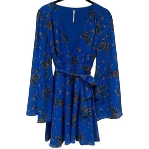 Free People Lilou Printed Bell Sleeve Dress in Cobalt Combo Fairycore Feminine S thumbnail 3