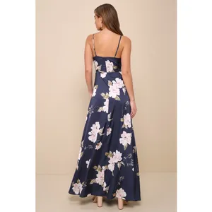 NWT Lulus Radiant Occasion Navy Blue Floral Satin A-Line Maxi Dress Cruise Sz M thumbnail 3