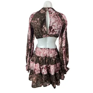 ASOS Voile Pink Brown Floral Striped Twist Front Cutout Fit & Flare Mini Dress 6 thumbnail 3