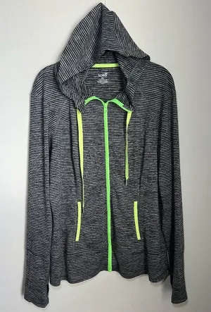 Lukka Hooded Athletic Full Zip Jacket Gray Black Stripes Pockets Thumb Holes XL thumbnail 1