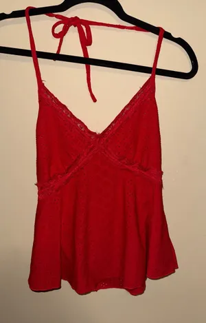 Red Eyelet Lace Halter Babydoll Camisole Top Bohemian V-Neck S Festival Coquette thumbnail 1