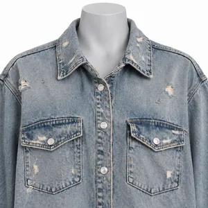 Zara Distressed Frayed Hem Denim Shirt Jacket Light Wash Blue XL Oversized thumbnail 5