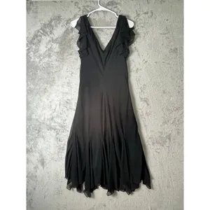 Vintage y2k Black Chiffon‎ Handkerchief Hem Dress Floral Beaded Embroidered Med thumbnail 4