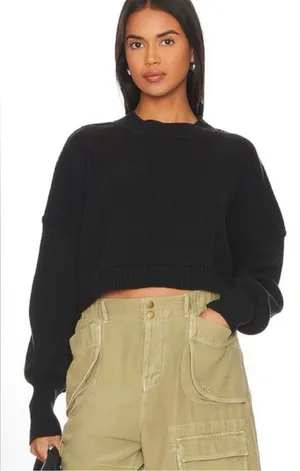 Free People Easy Street Crop Pullover Sweater Size Small Black Oversized Knit thumbnail 1