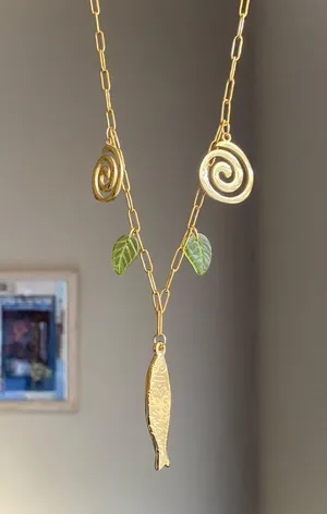Handmade gold tone fully gold tone stainless steel fish & swirl boho funky chic necklace🌀🐟 thumbnail 5