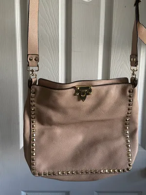Pebbled Leather Shoulder Bag with Stud Trim in Taupe thumbnail 3