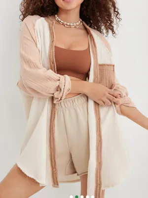 Aerie Womens Gauzey Coverup Button Down Shirt Oversized Medium Cream Pink thumbnail 1