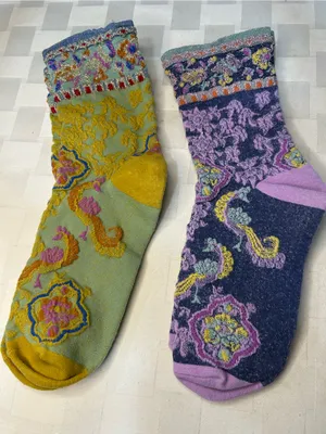 Source Unknown Two Pair of Floral Crew Socks - Yellow & Purple thumbnail 1
