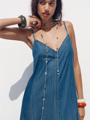 Zara Denim Slip Midi Dress in Blue thumbnail 3