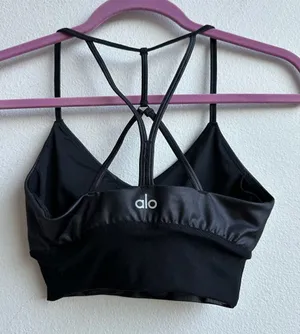 Alo Yoga Lavish Bra Bralette Strapped Mesh Band Glossy Black Lurex Shine Size XS thumbnail 1