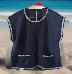 Chic Ann Taylor Loft Sweater Knit Top Womens M Navy Blue Tweed‎ With Silver Trim thumbnail 1