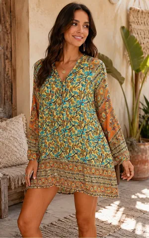 Bohemian Floral V-Neck Dress in Turquoise & Orange thumbnail 1