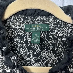 Ralph Lauren Black White Paisley‎ Ruffle Front Long Sleeve Cotton Blouse Size XL thumbnail 6