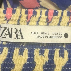 Zara Blue White Printed Short Puff Sleeve Smocked V-Neck Midi A-line Dress Sz L thumbnail 8