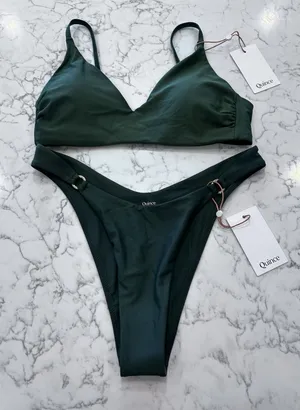 NWT Quince Palm Green Italian V Neck Bikini Top & High Leg Ring Bottoms Medium thumbnail 1