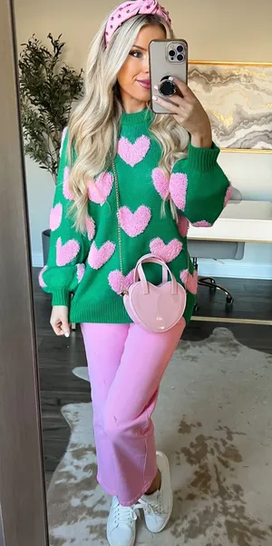 Pink Lily I'll Be There Green Fuzzy Heart Sweater thumbnail 1
