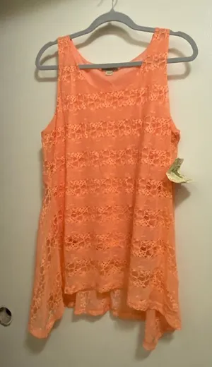One World Womens Orange Lace Tank Top L Large 42” 44” Lined Sheer Beach NWT thumbnail 1