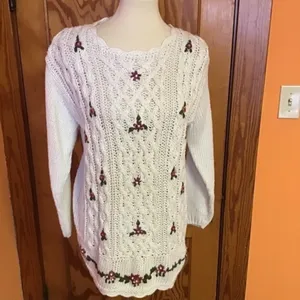 Vintage 90s Cottagecore Floral Embroidered Sweater Cream Knit Cozy Boho thumbnail 7