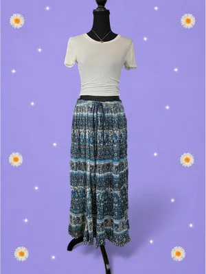 Vintage Y2K Blue Boho Indian Cotton Adjustable Drawstring Maxi Skirt One Size 💙 thumbnail 3