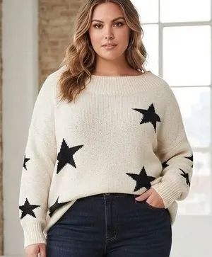 Star Sweater Cream Black Boat Neck Chunky Knit Celestial‎ Casual Cozy XL/2XL thumbnail 1