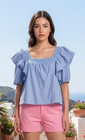 Zara Blue Gingham Ruffle Smocked Blouse XL Cotton Coquette Coastal Picnic Top thumbnail 1
