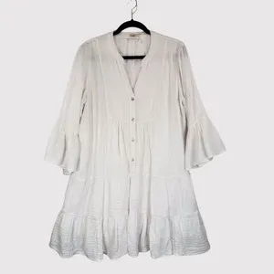 Faherty Dress White Mini Gauze Kasey V Neck Tiered Flared Coastal Cowgirl Medium thumbnail 2