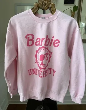NWOT Barbie Doll University Crewneck Sweatshirt Pink M thumbnail 1