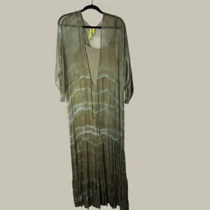 Green Dragon Tie Dye Maxi Dress Olive Green Boho Sheer Overlay Slip Dress L thumbnail 5