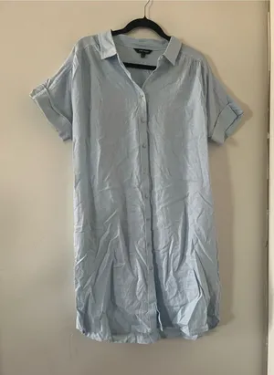 Light Blue Linen Blend Button Up Shirt Mini Dress Large Coastal Beach Resort thumbnail 1