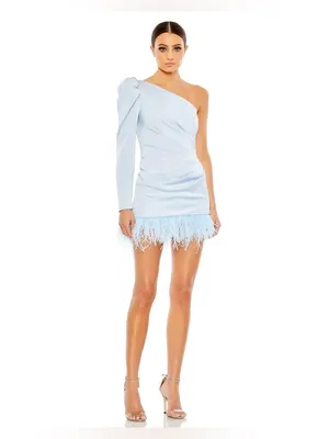 Mac Duggal Feather Trim One Shoulder Blue Mini Dress Size 6 thumbnail 3