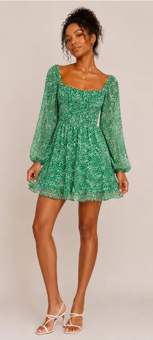 Sienna Sky Green Off the Shoulder Cottage Smocked Babydoll Mini Dress Speckled - Medium thumbnail 1