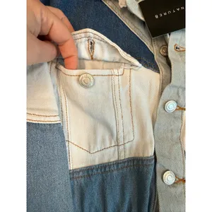 Signature 8 Women Multi Tone Denim Colorblock Romper Long Sleeve Blue Small NEW thumbnail 4