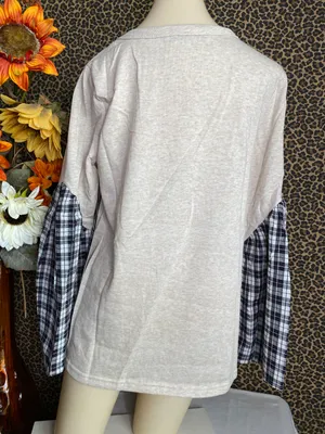 ✅3/$30✅NWT Oatmeal/Black Plaid Long Bell Sleeve Cotton Top MEDIUM thumbnail 7