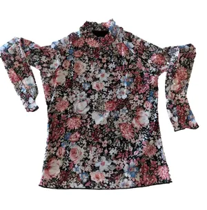 Women's Mock Neck Sheer Lined Long Sleeve Floral Top Size L #260521 thumbnail 1
