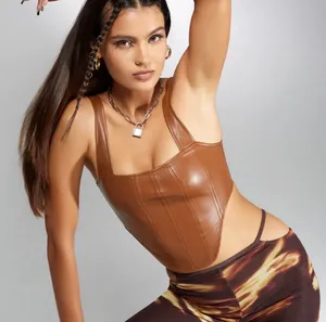 Motel Rocks Wawi PU Faux Leather Crop Top Chocolate Brown Y2K Size M Edgy thumbnail 1