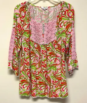 Crown & Ivy Tunic with Pink cotton lace & colorful design thumbnail 1