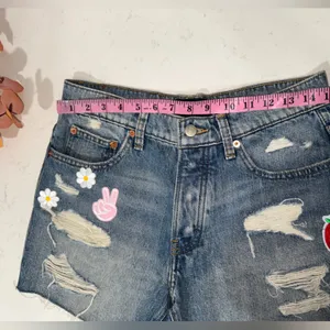 90s midi short Denim Distressed Shorts with Embroidered Patches thumbnail 13