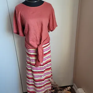 Striped Button-Down Skirt Linen Blend resort ballet core fairy whimsy boho thumbnail 2